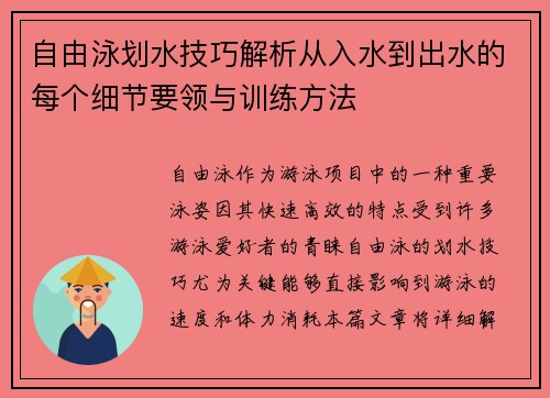 自由泳划水技巧解析从入水到出水的每个细节要领与训练方法